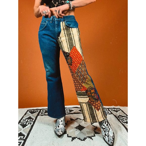 Reworked Vintage 60s 70s Retro Patchwork Statement Flare Dark Wash Jeans - Picture 3 of 8